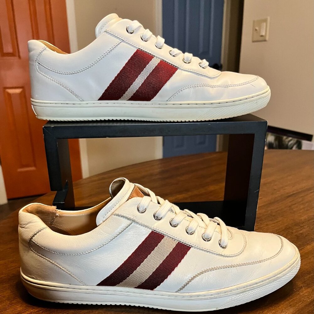 Swiss Brand Bally Oriano Men's White Leather Sneakers Signature Stripes Size 10D - Picture 3 of 10